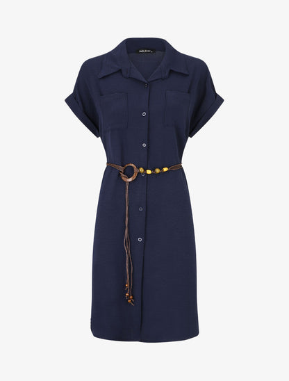 Robe chemise unie à manches courtes - Marine - 1
