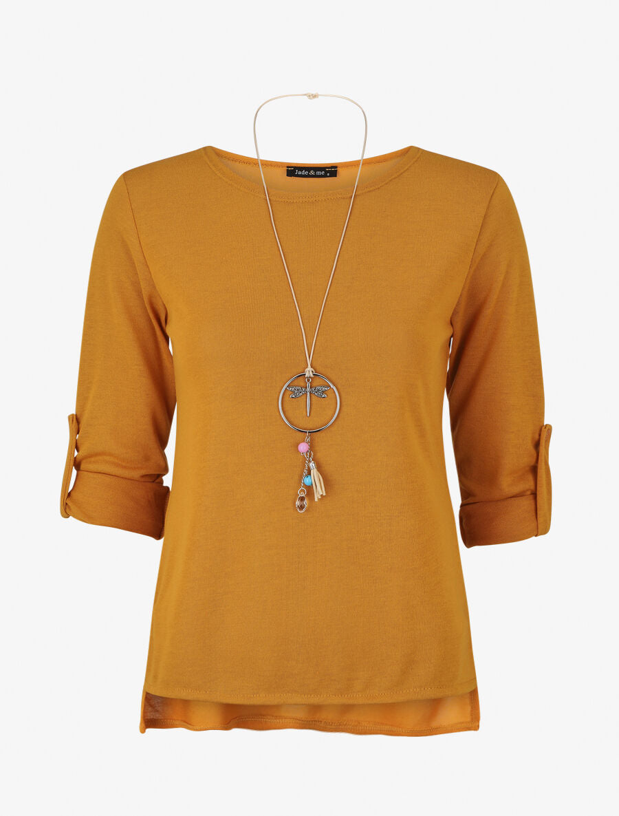 Pull fin uni à manches retrousssables - Jaune moutarde - 5