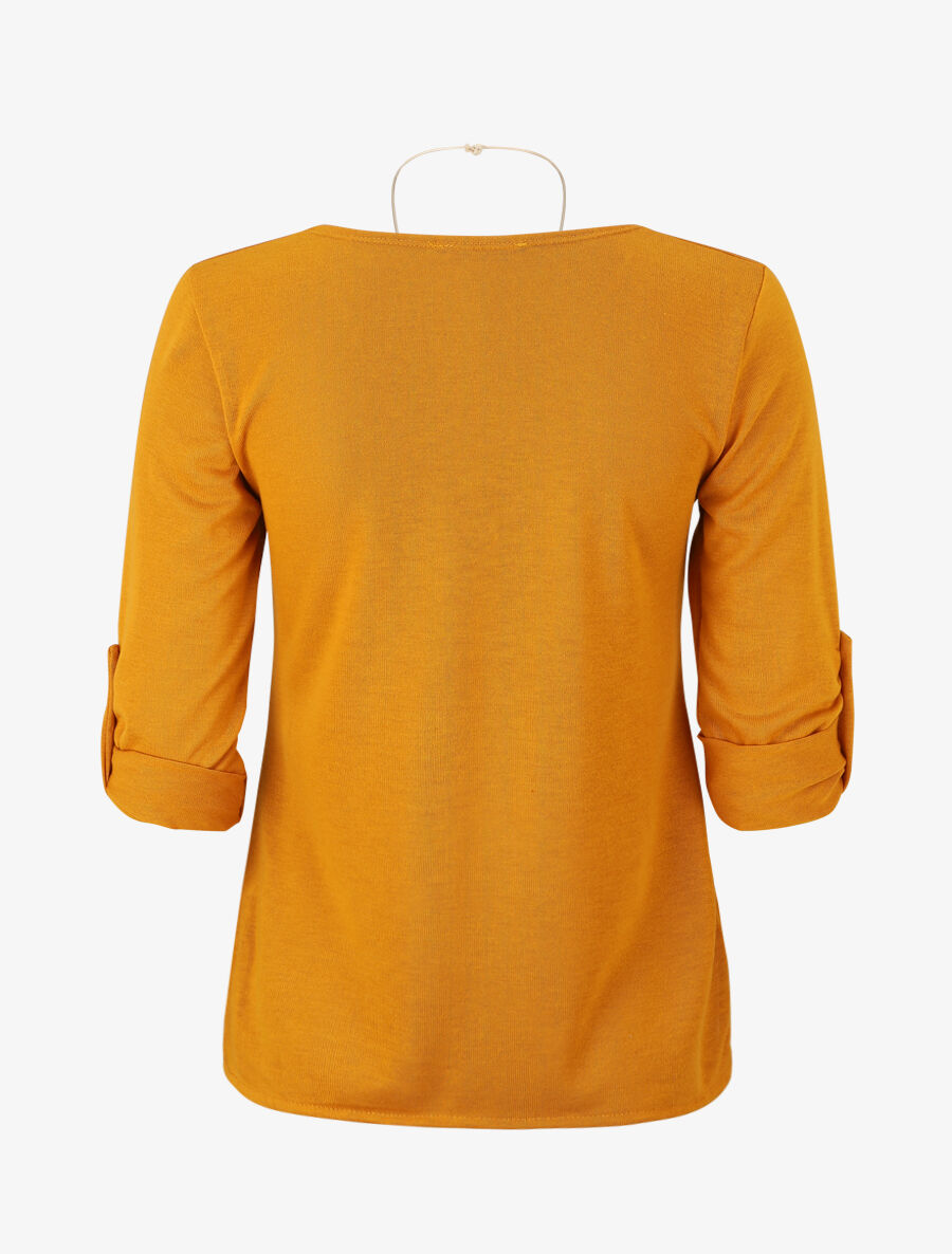 Pull fin uni à manches retrousssables - Jaune moutarde - 2