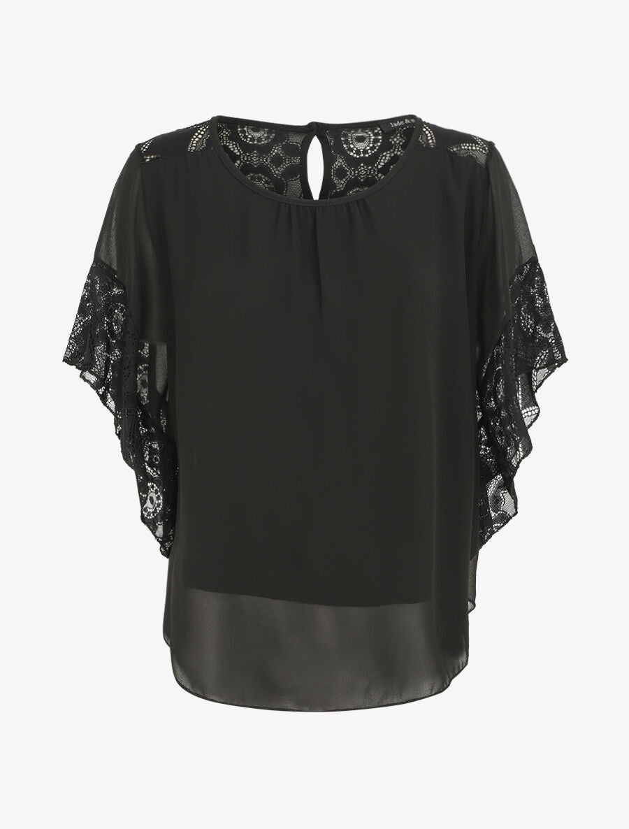 Top uni en voile et dentelle - Noir - 1