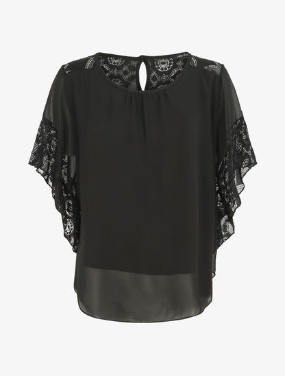 Top uni en voile et dentelle - Noir - 1