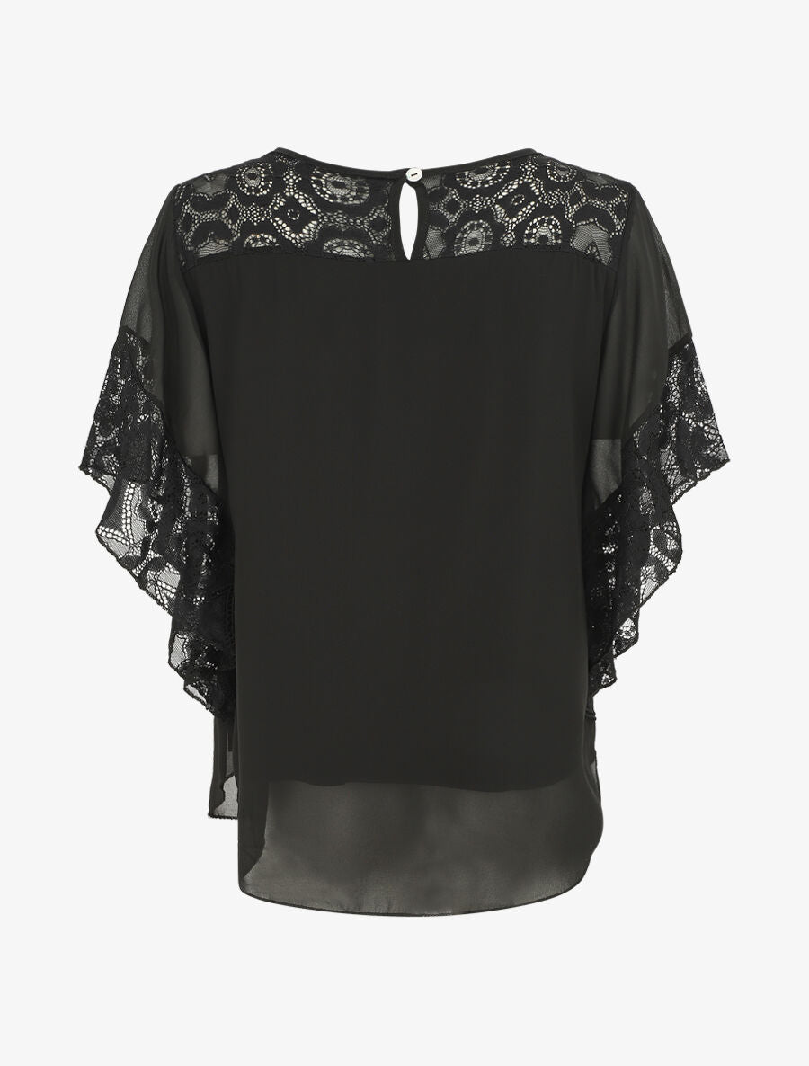 Top uni en voile et dentelle - Noir - 2