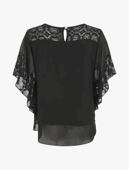 Top uni en voile et dentelle - Noir - 2