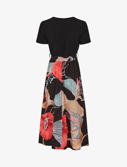 Robe longue manches courtes imprimé grandes fleurs - Noir - 2