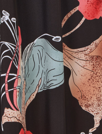 Robe longue manches courtes imprimé grandes fleurs - Noir - 3