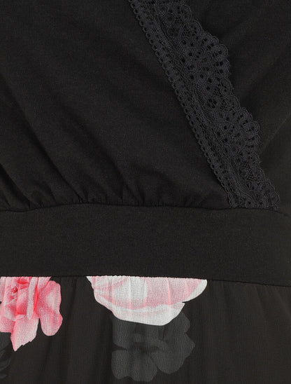 Robe mi-longue fleurie sans manches col cache-coeur - Noir - 3