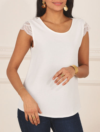 Top avec mancherons uni dos en dentelle - Blanc - 4
