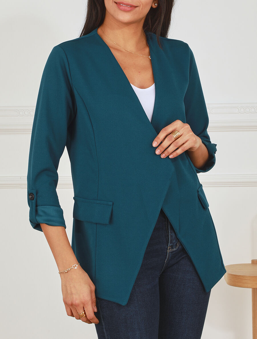 Veste droite unie col cascade - Bleu canard - 4
