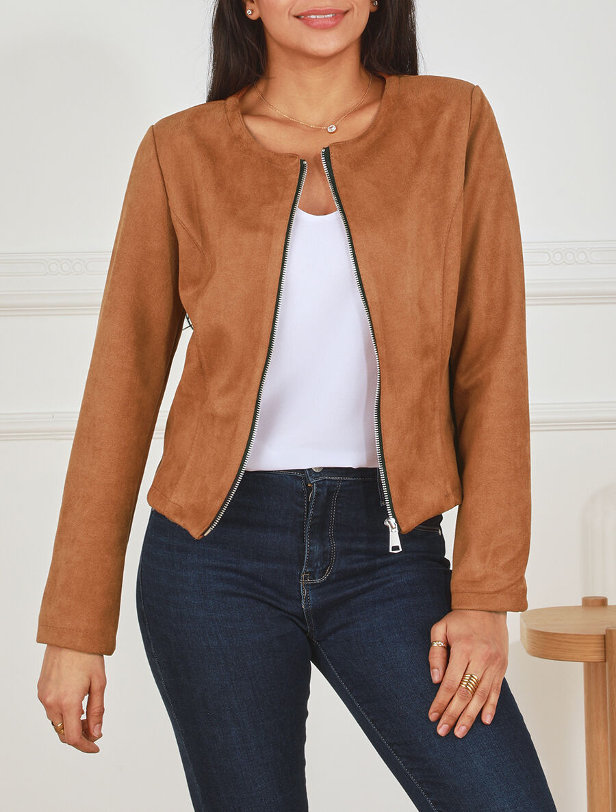 Veste zippée en suédine - Camel - 4