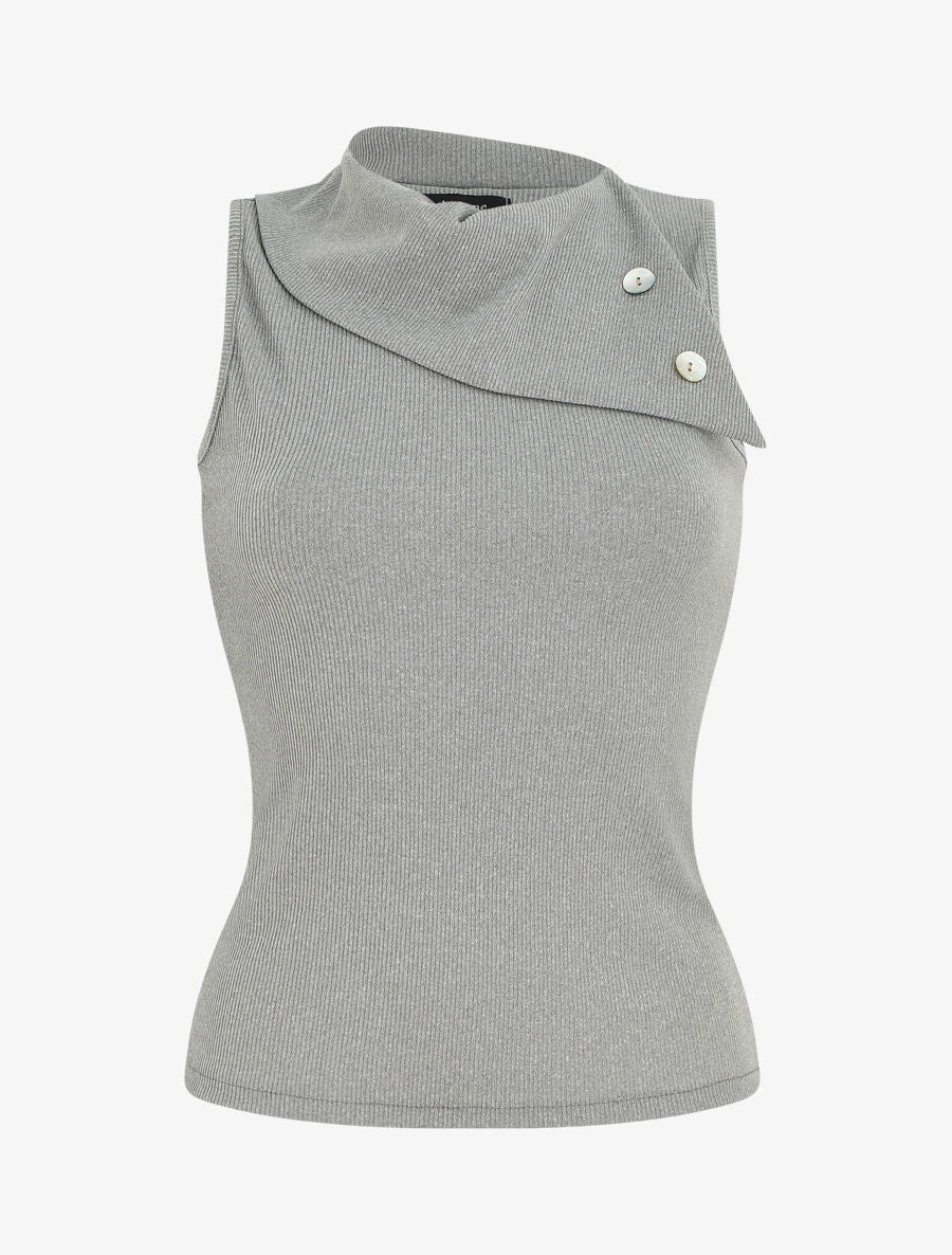 Top côtelé sans manches col asymétrique - Gris - 1