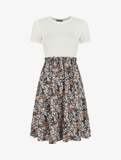 Robe bi-matière manches courtes imprimé fleuri - Noir/blanc - 1