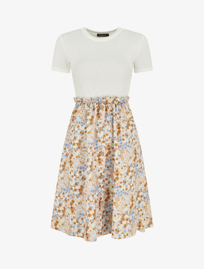 Robe bi-matière manches courtes imprimé fleuri - Beige/blanc - 5