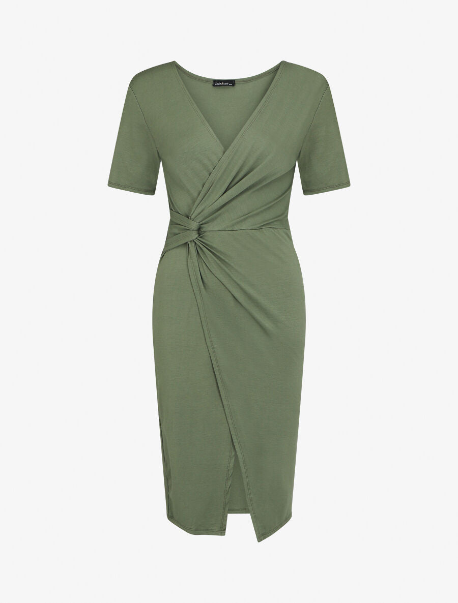 Robe portefeuille fendue manches courtes - Kaki - 4