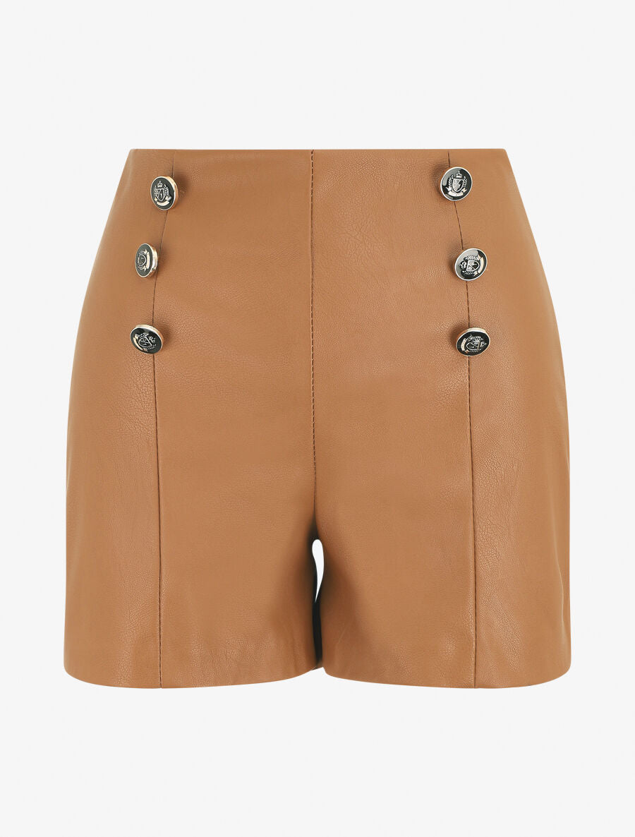 Short en simili taille haute boutonnée - Camel - 1