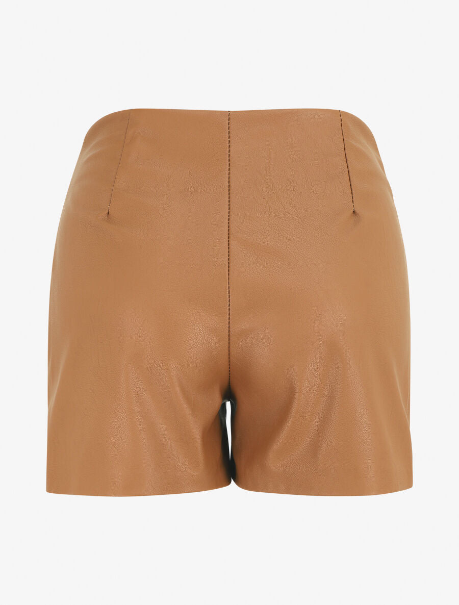 Short en simili taille haute boutonnée - Camel - 2
