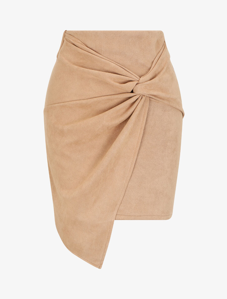 Jupe courte drapée en suédine - Beige - 1