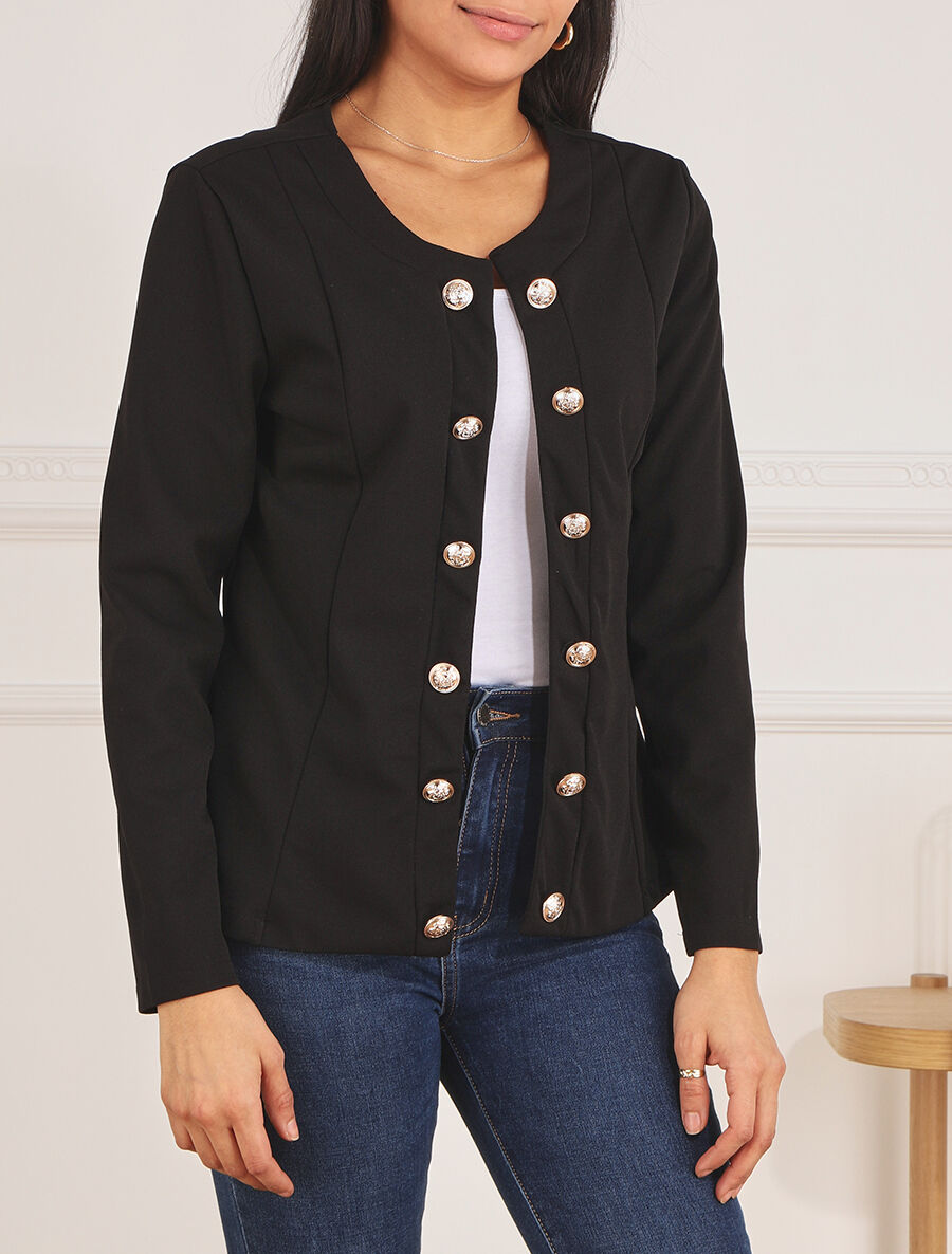 Veste droite boutonnée unie - Noir - 4