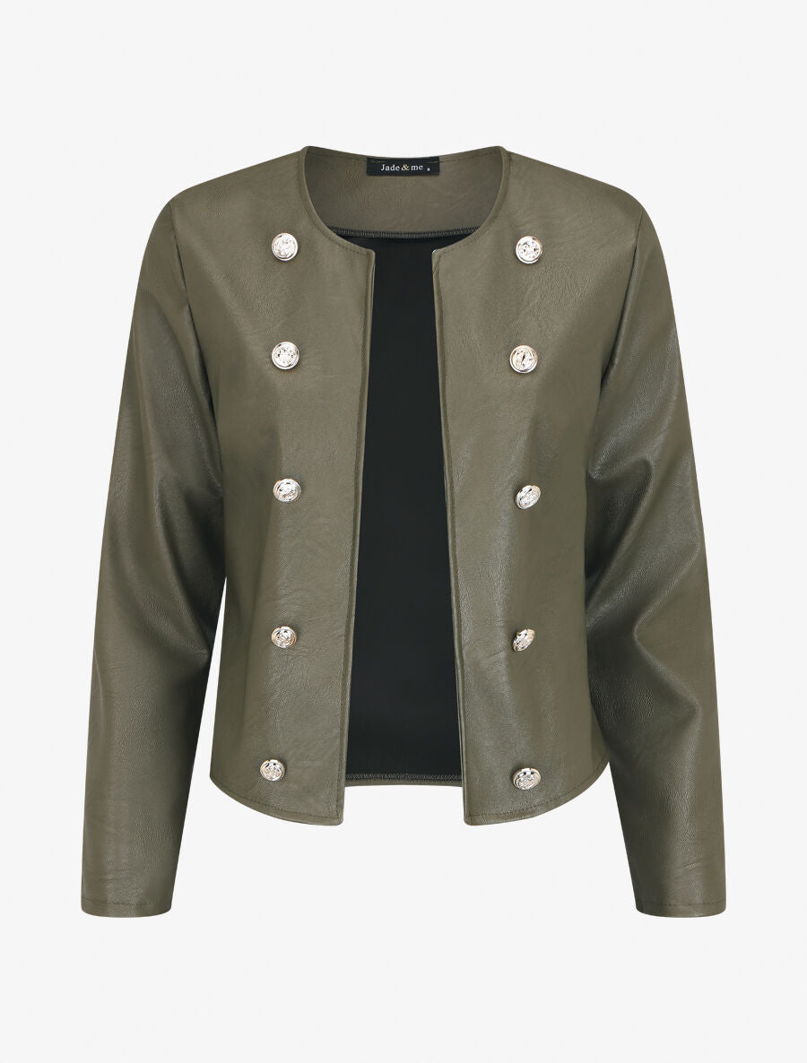 Veste droite boutonnée en simili - Kaki - 1