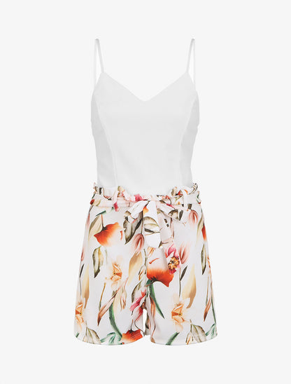 Combishort imprimé floral ceinturée - Blanc - 5