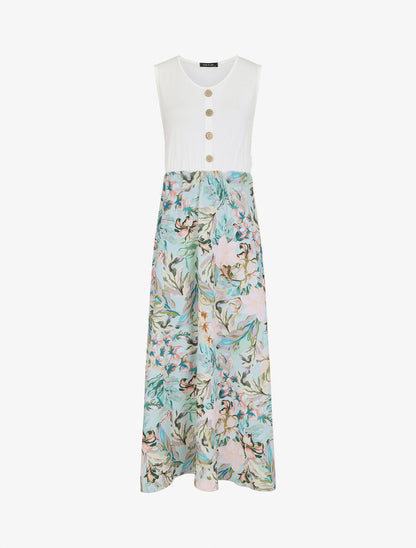 Robe longue fleurie et évasée sans manches - Blanc - 5