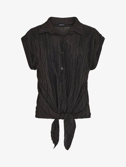 Chemise plissée à noeud et manches courtes - Noir - 4