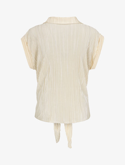 Chemise plissée à noeud et manches courtes - Beige - 2