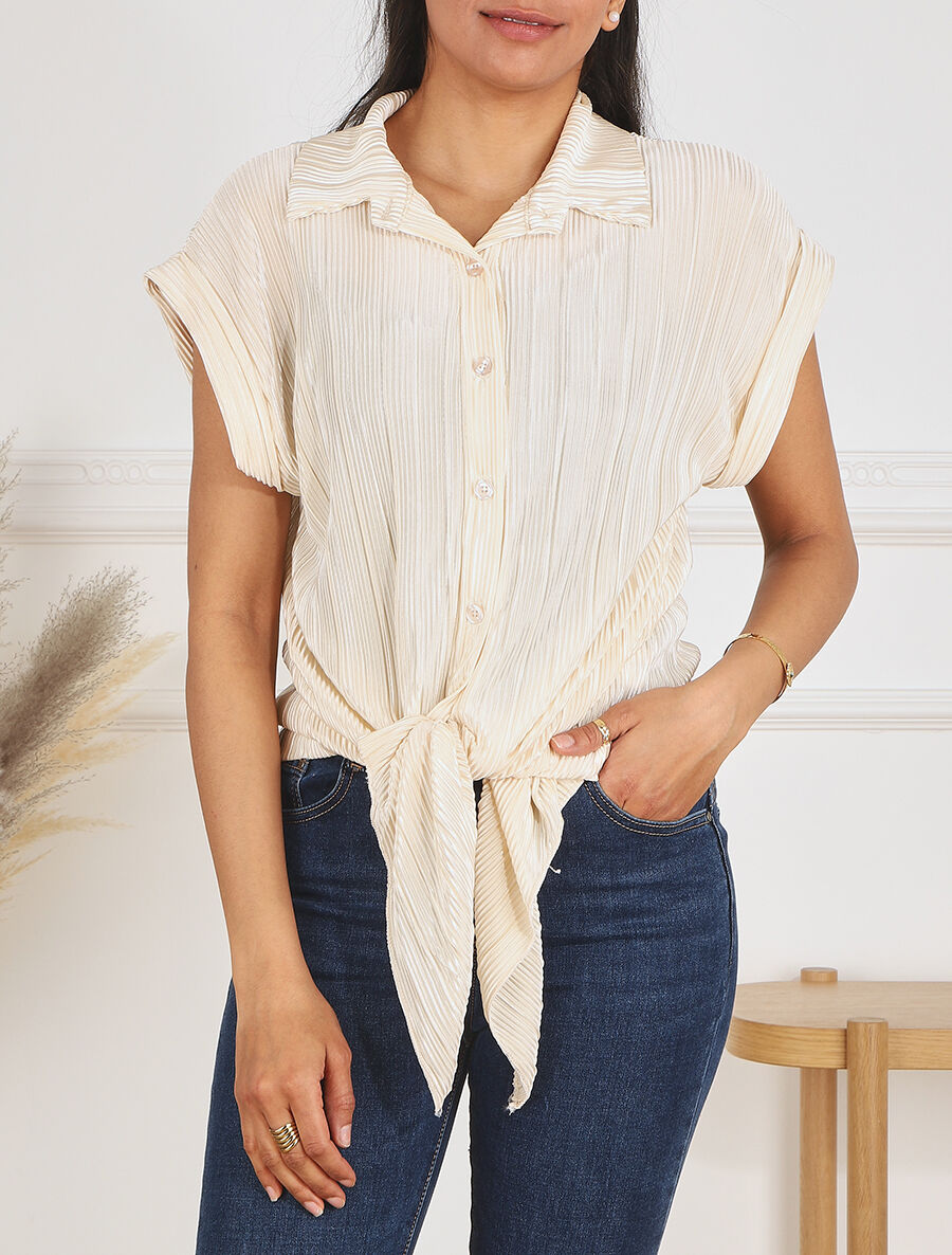 Chemise plissée à noeud et manches courtes - Beige - 4