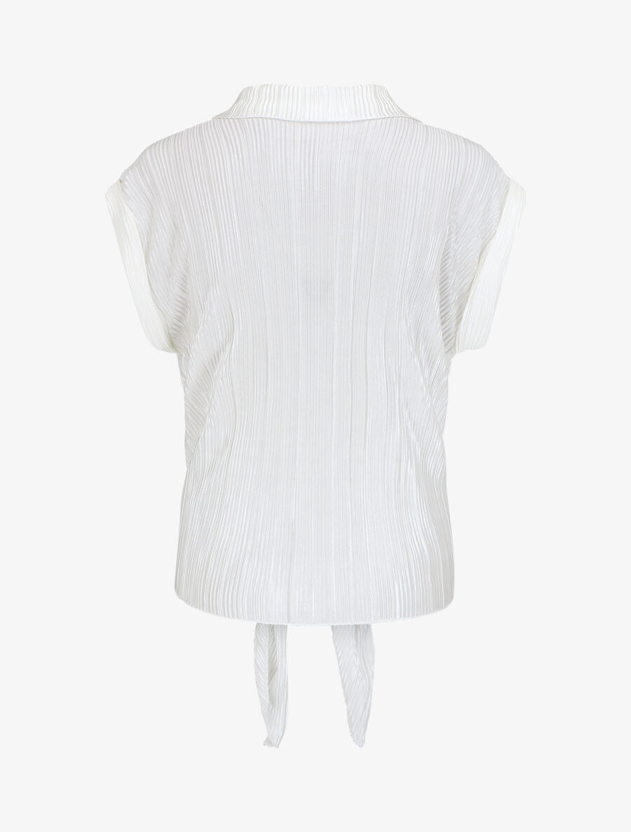 Chemise plissée à noeud et manches courtes - Blanc - 2