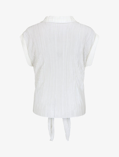 Chemise plissée à noeud et manches courtes - Blanc - 2