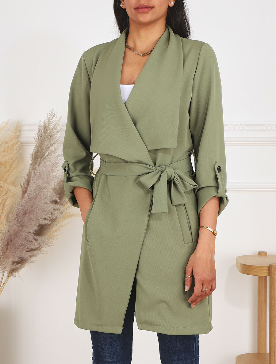 Veste mi-longue col cascade - Kaki - 4