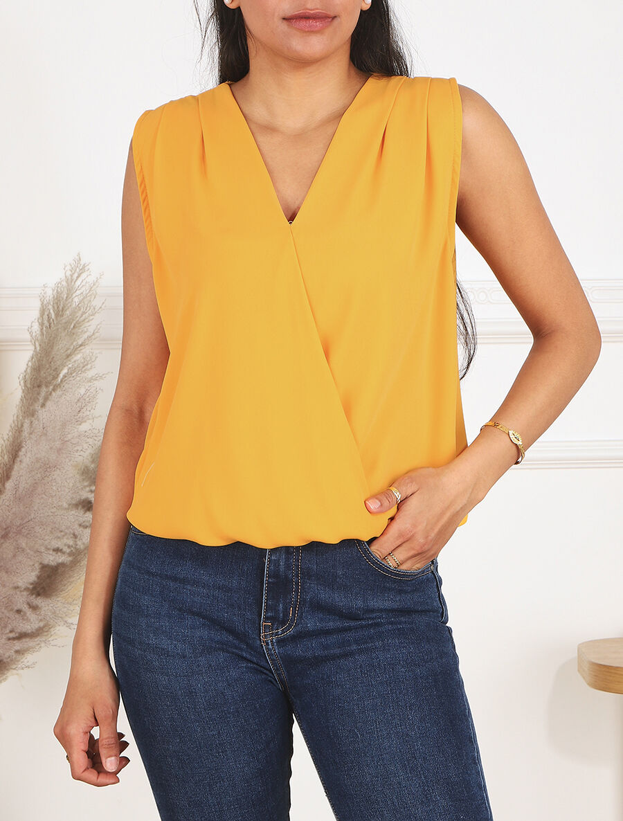 Top sans manches col cache-coeur dos en crochet - Jaune - 4