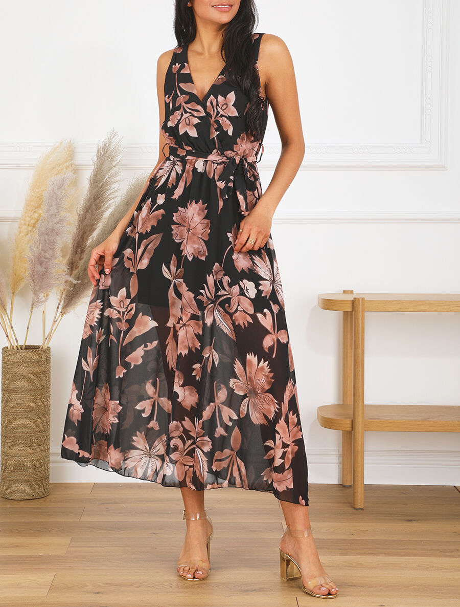 Robe imprimé fleurs et dos en V - Noir - 4