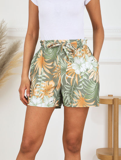 Short évasé taille haute imprimé tropical - Kaki - 4