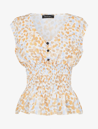 Top élastiqué imprimé rétro - Beige - 5