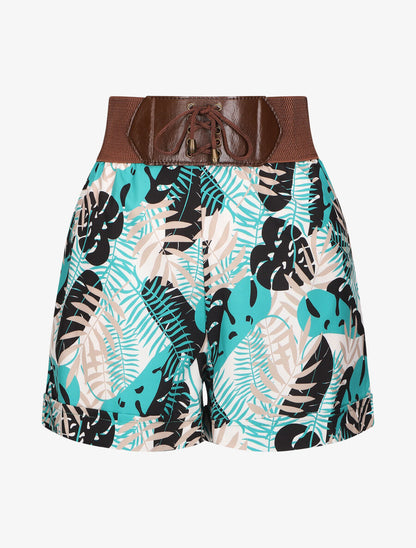 Short à taille haute style corset imprimé tropical - Bleu canard - 1