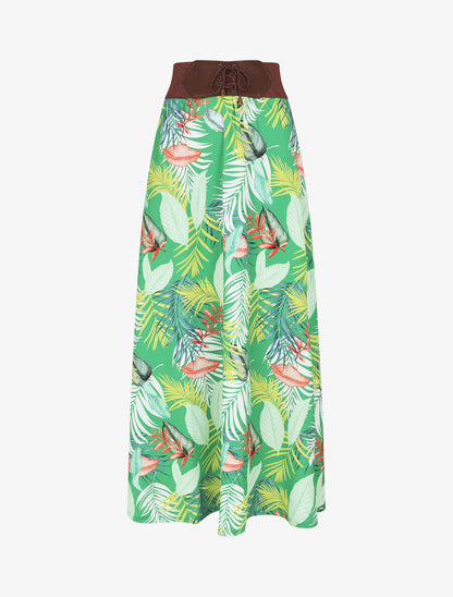 Jupe longue taille haute imprimé feuilles tropicales - Vert - 1