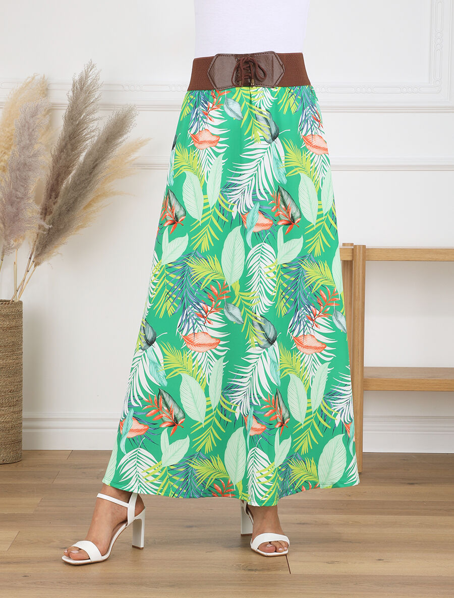 Jupe longue taille haute imprimé feuilles tropicales - Vert - 4