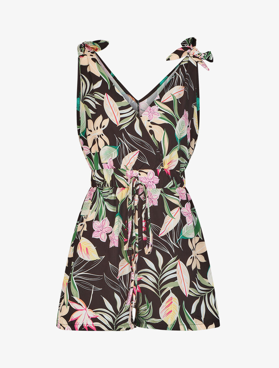 Combishort imprimé fleurs à taille élastiquée - Noir - 4