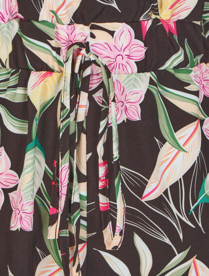 Combishort imprimé fleurs à taille élastiquée - Noir - 3