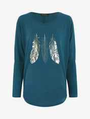Pull ample à imprimé plumes irisées - Bleu canard - 1