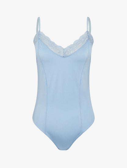 Body satiné à col en dentelle - Bleu ciel - 1