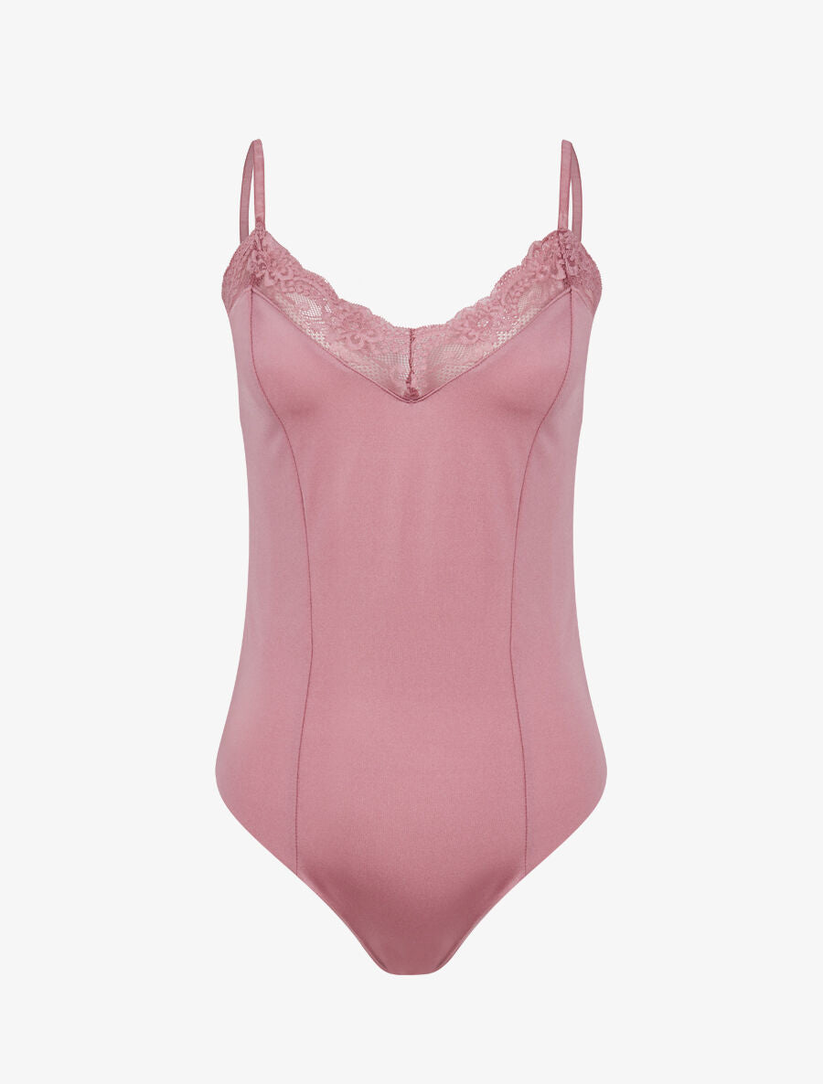 Body satiné à col en dentelle - Rose - 1