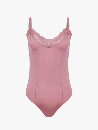 Body satiné à col en dentelle - Rose - 1