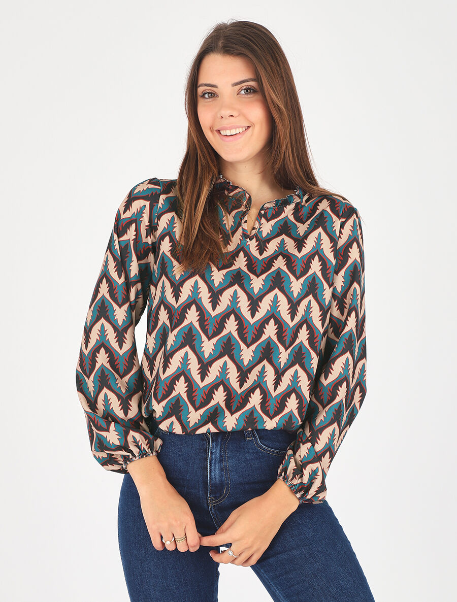 Top col volanté imprimé fantaisie - Bleu canard - 4