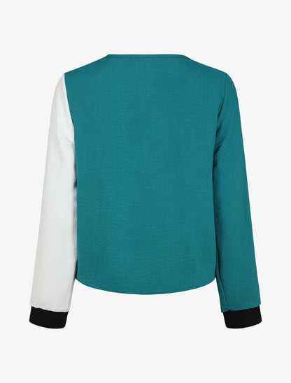 Blouse droite manches longues col V - Blanc/bleu canard - 2