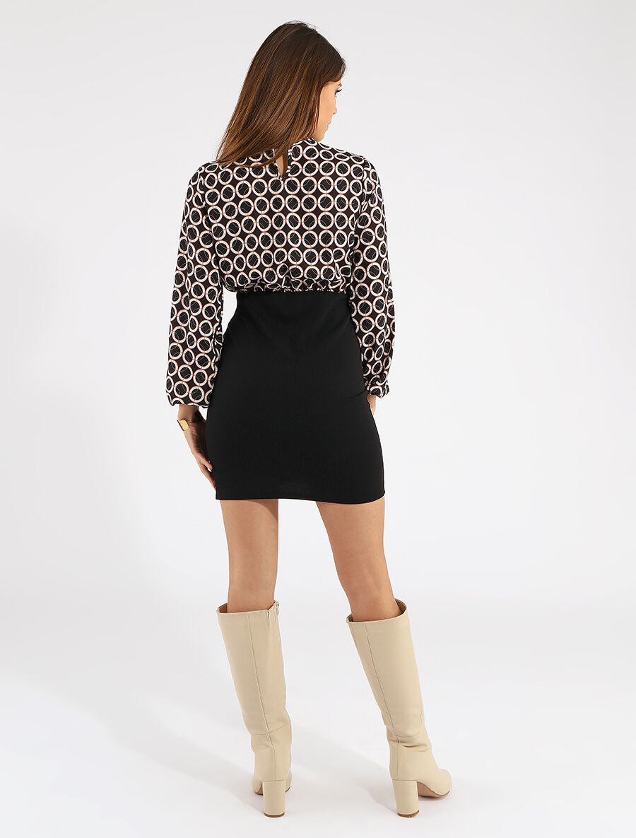 Robe courte ajustée à noeud et imprimé graphique - Noir - 5