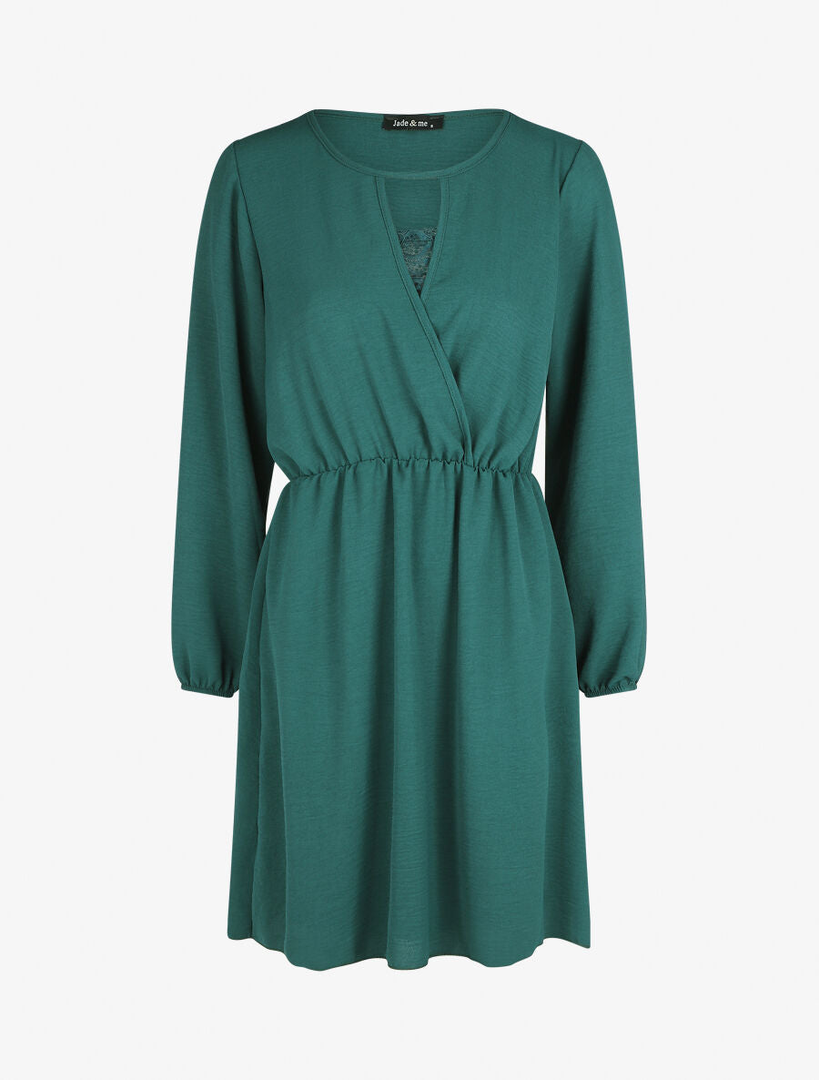 Robe courte évasée col à dentelle - Vert sapin - 1