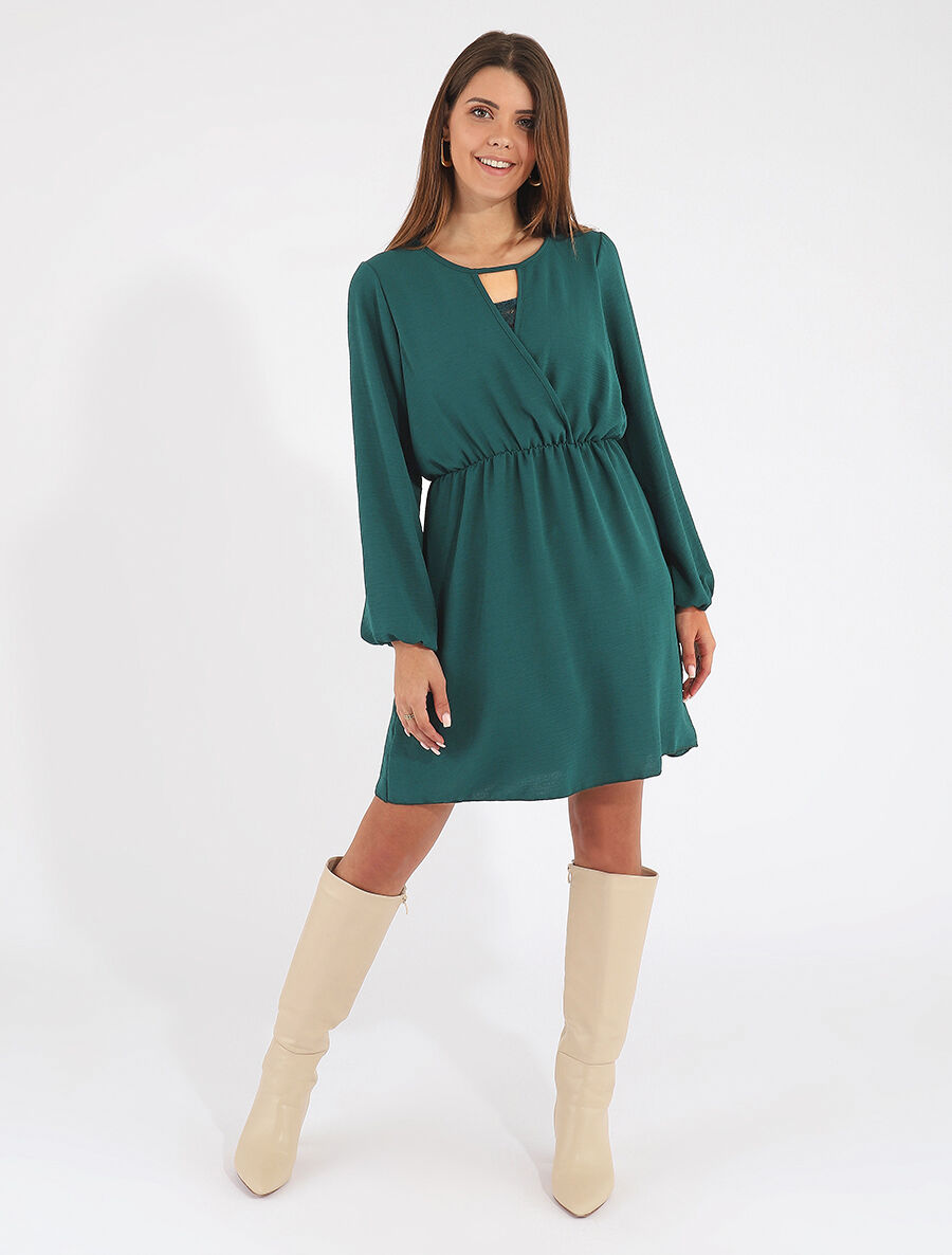 Robe courte évasée col à dentelle - Vert sapin - 4