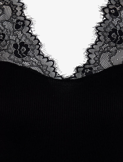 Top côtelé à épaules en dentelle - Noir - 3