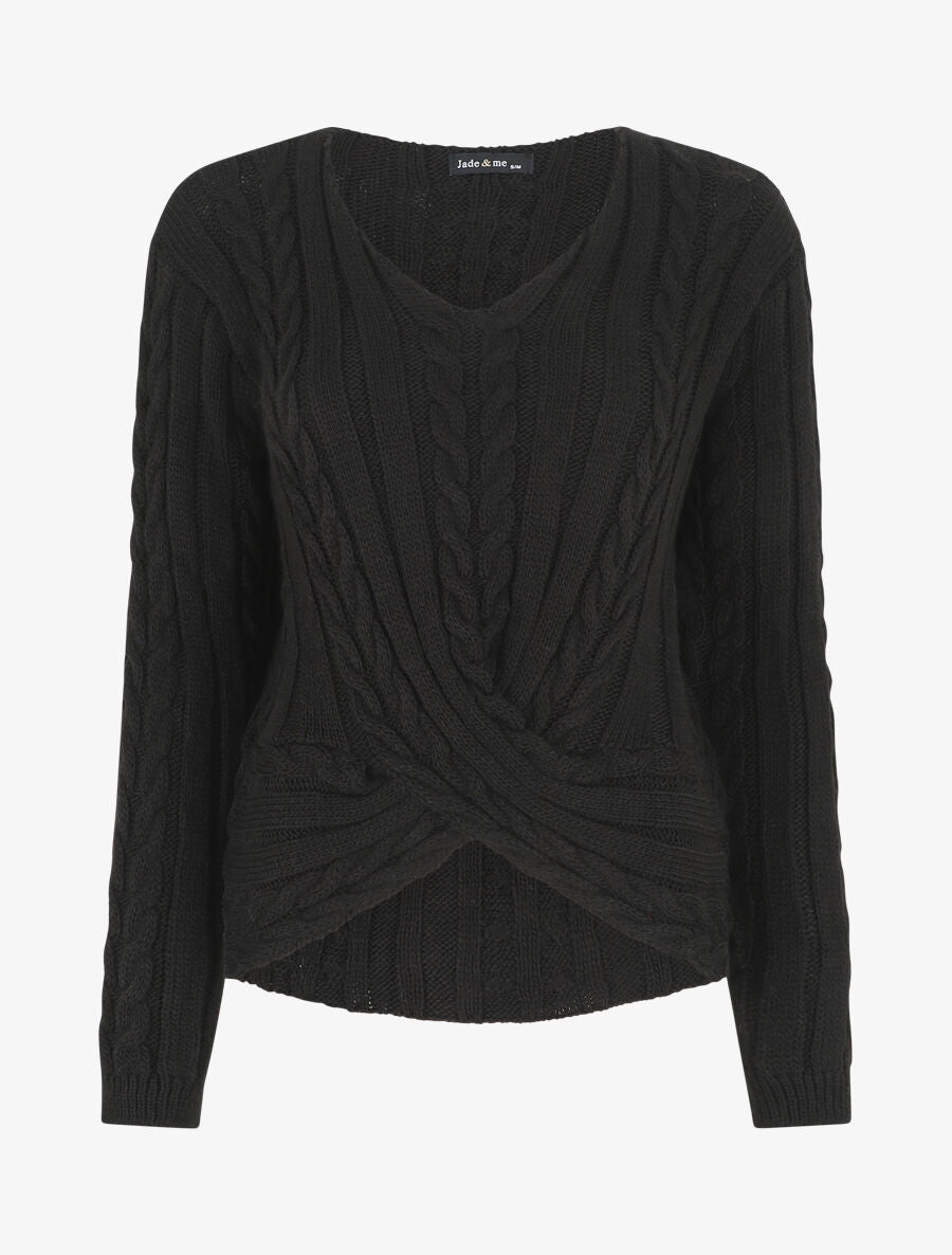 Pull droit torsadé en maille tressée - Noir - 1